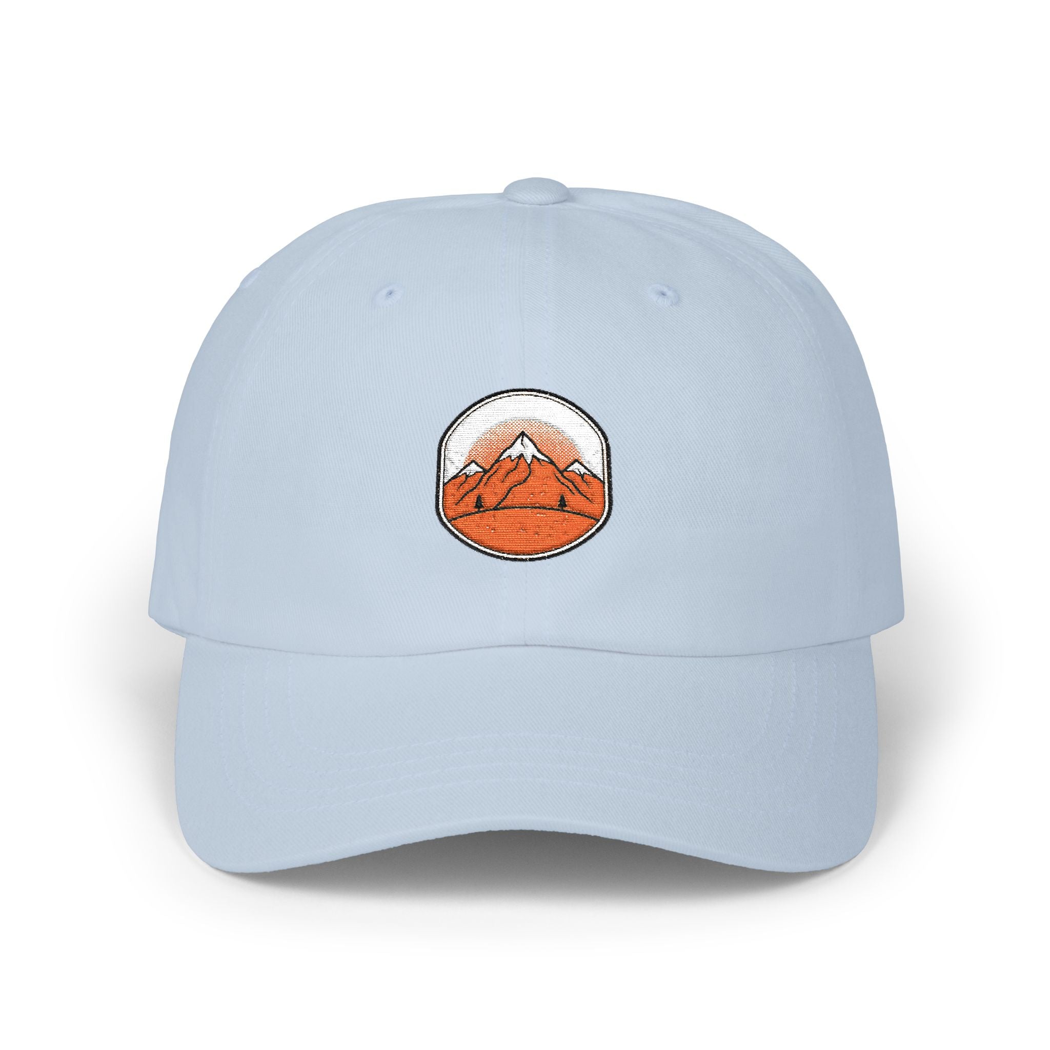 Dad Cap — Embroidered Orange Mountain Patch & “Seek Quiet Find Adventure” Back Text