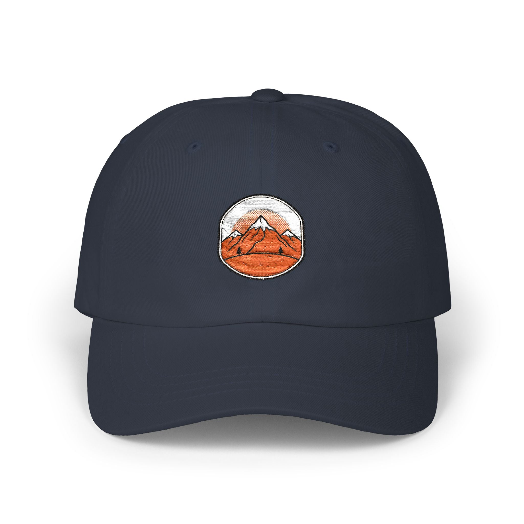 Dad Cap — Embroidered Orange Mountain Patch & “Seek Quiet Find Adventure” Back Text