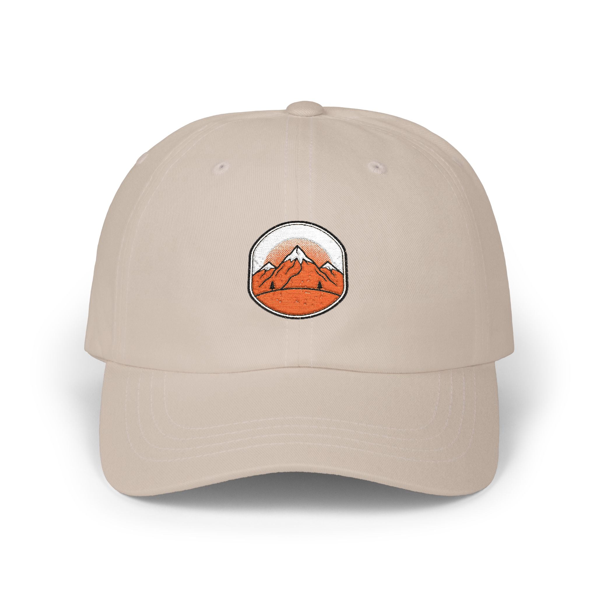 Dad Cap — Embroidered Orange Mountain Patch & “Seek Quiet Find Adventure” Back Text