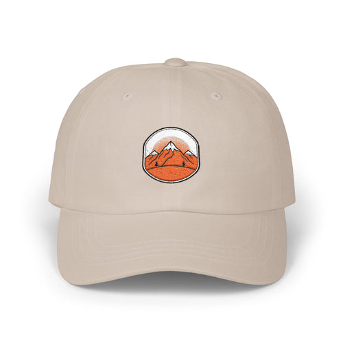 Dad Cap — Embroidered Orange Mountain Patch & “Seek Quiet Find Adventure” Back Text