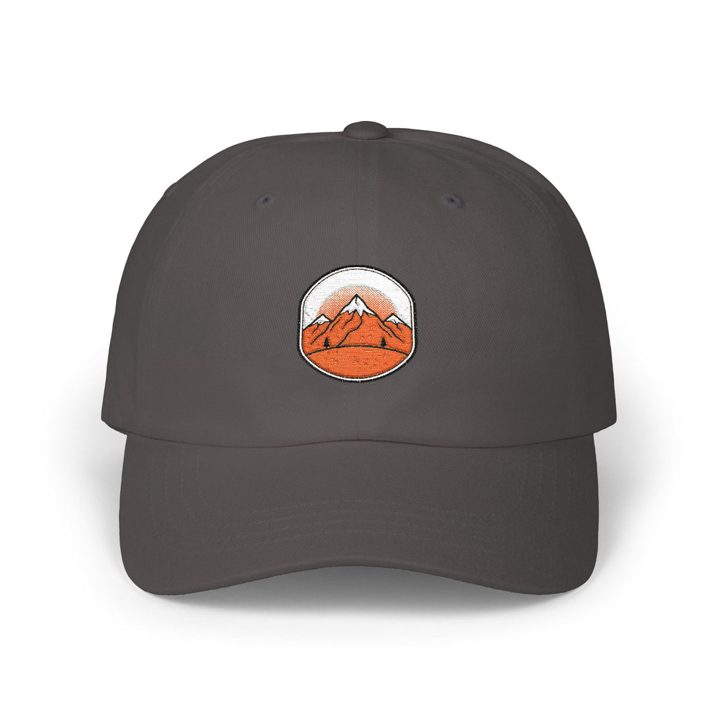 Dad Cap — Embroidered Orange Mountain Patch & “Seek Quiet Find Adventure” Back Text
