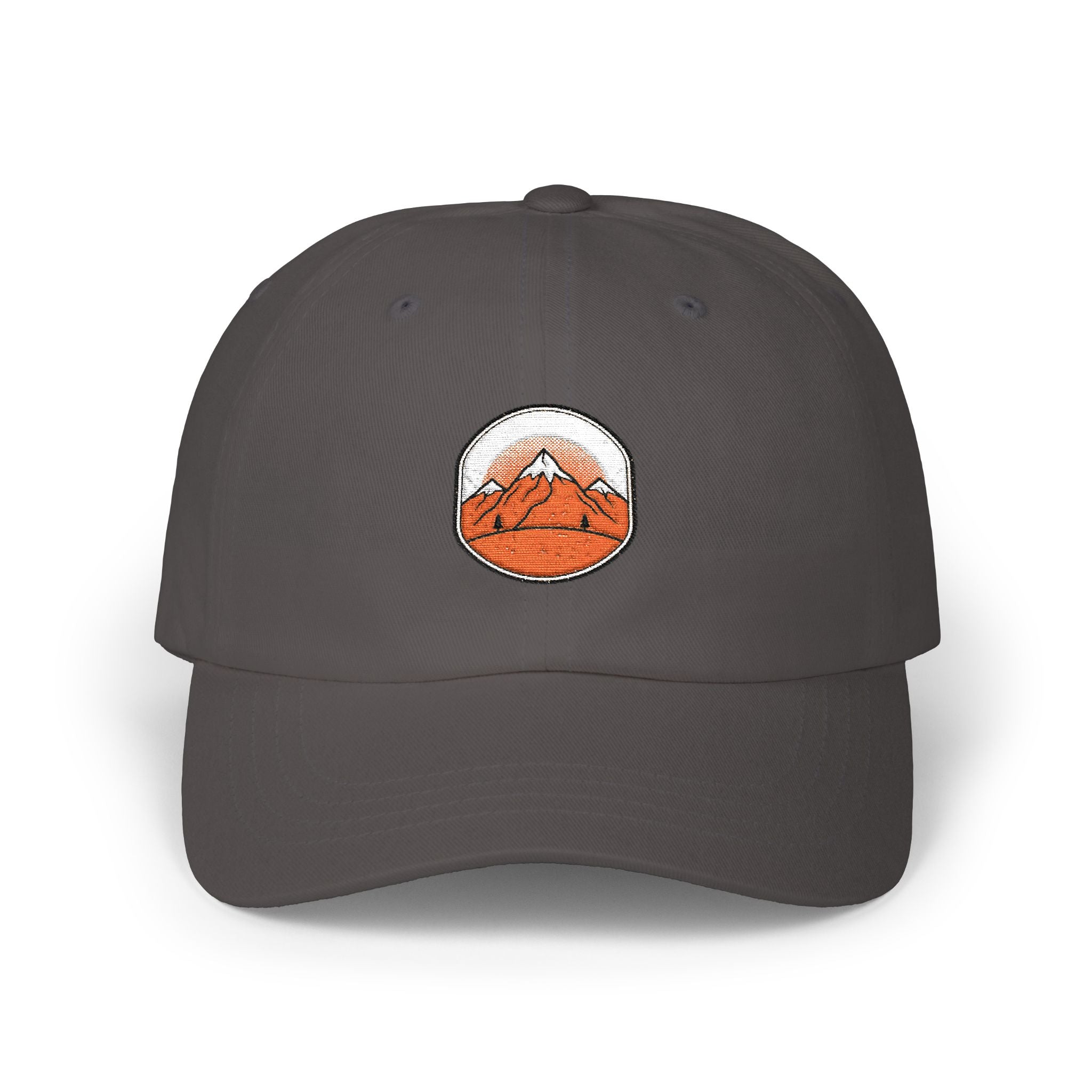 Dad Cap — Embroidered Orange Mountain Patch & “Seek Quiet Find Adventure” Back Text