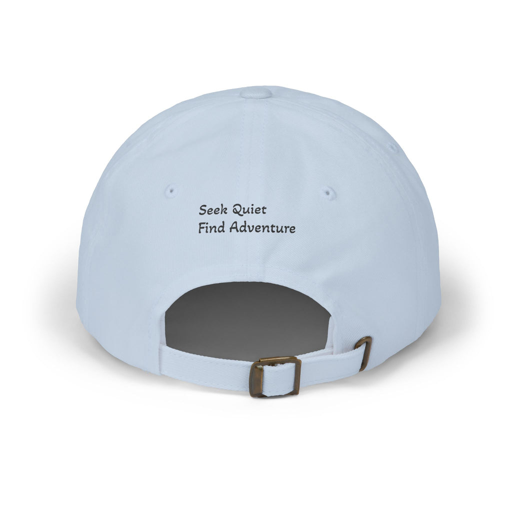 Dad Cap — Embroidered Orange Mountain Patch & “Seek Quiet Find Adventure” Back Text
