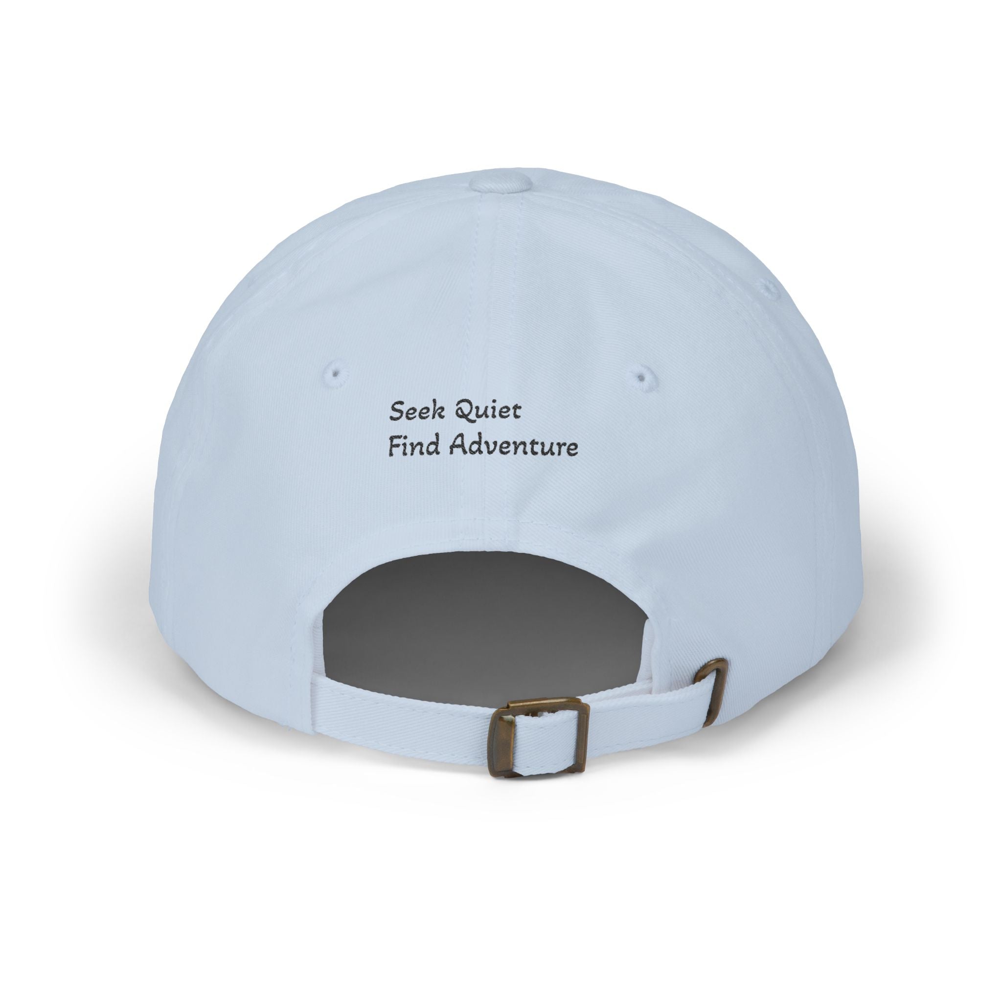 Dad Cap — Embroidered Orange Mountain Patch & “Seek Quiet Find Adventure” Back Text