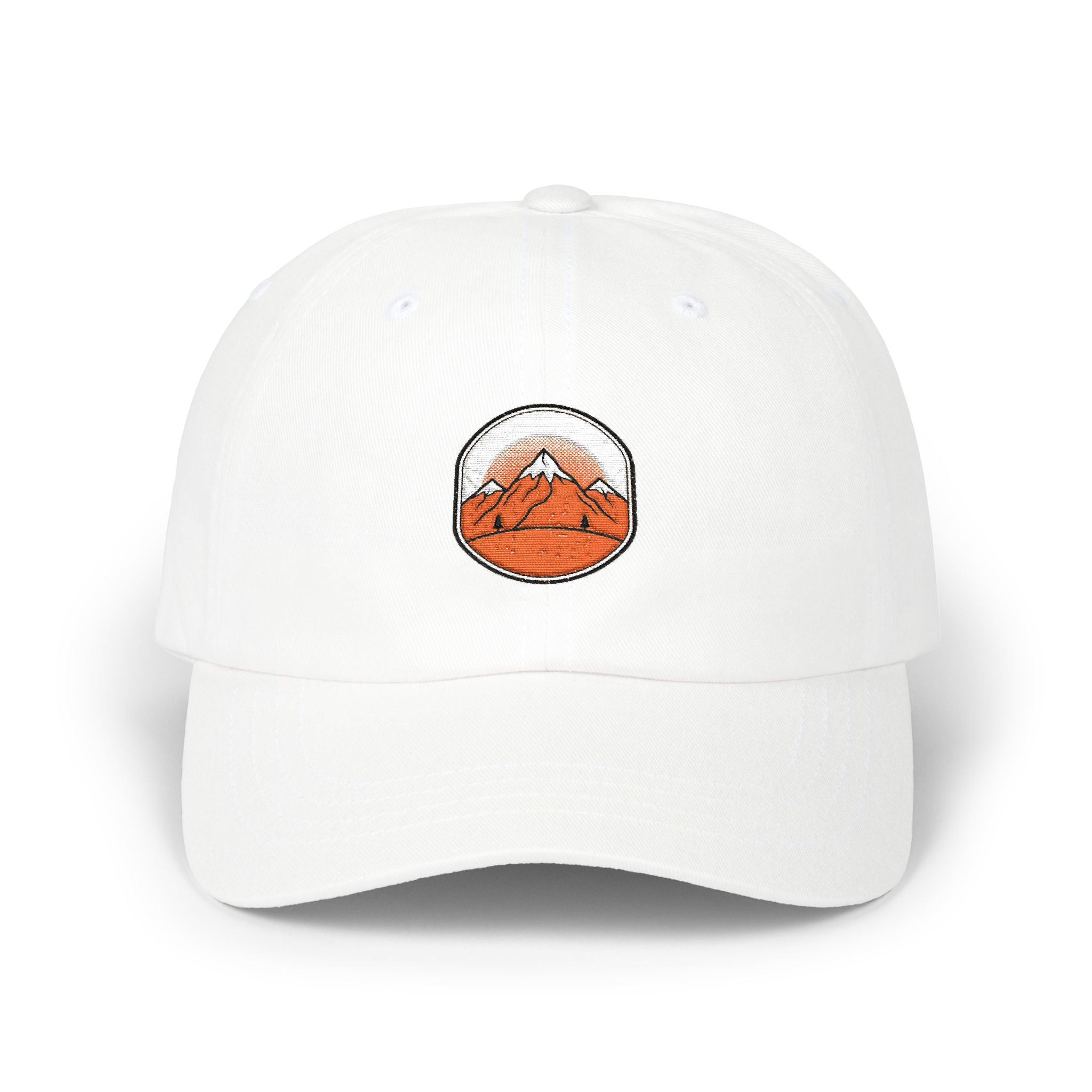 Dad Cap — Embroidered Orange Mountain Patch & “Seek Quiet Find Adventure” Back Text