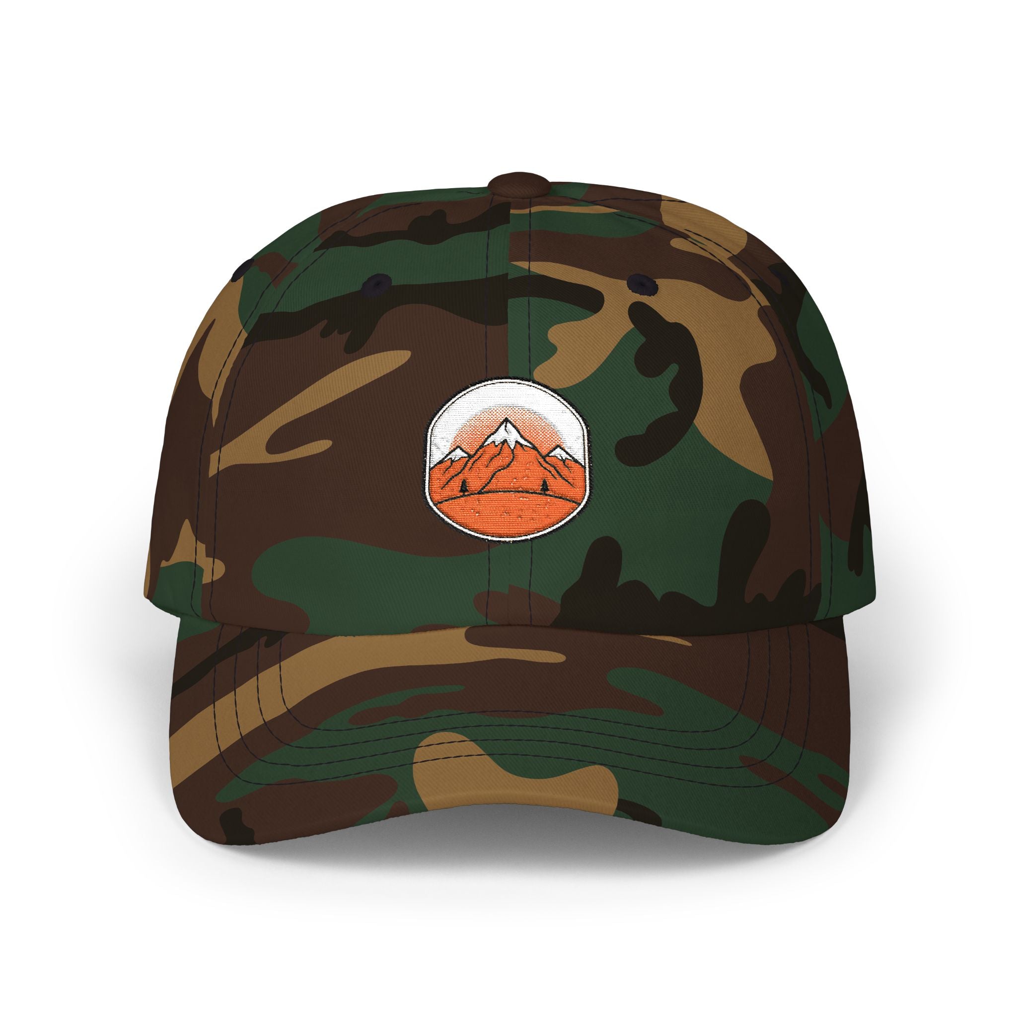 Dad Cap — Embroidered Orange Mountain Patch & “Seek Quiet Find Adventure” Back Text